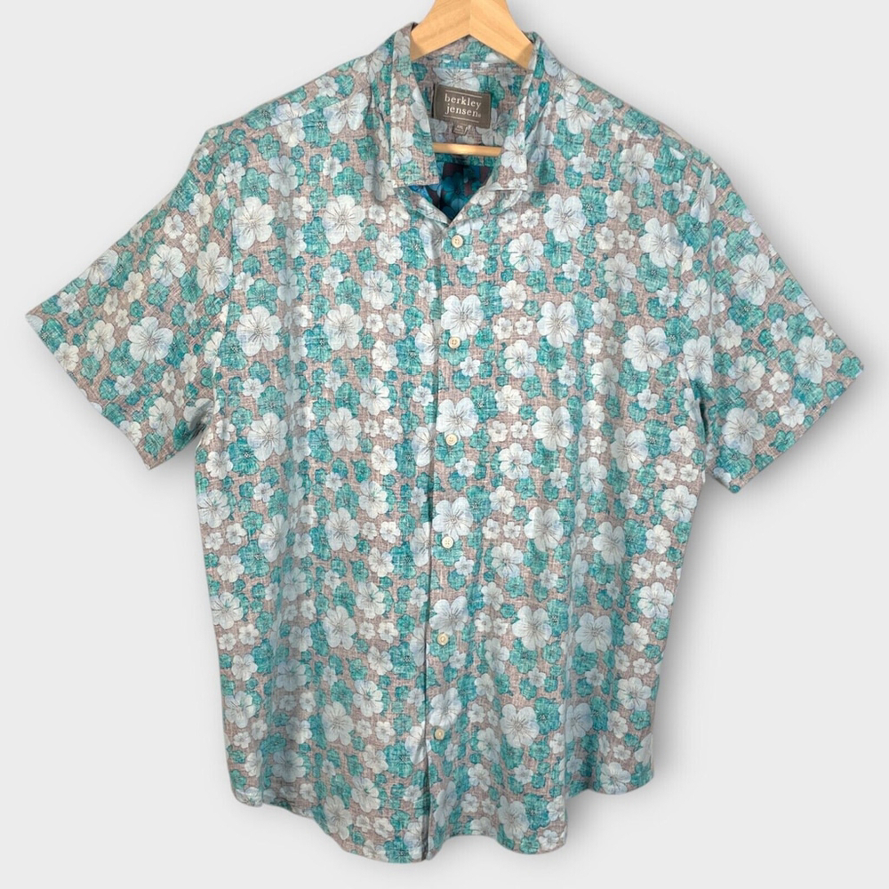 Berkley Jensen Hawaiian Shirt XXL Floral Reverse Print Aloha Linen Rayon NWT